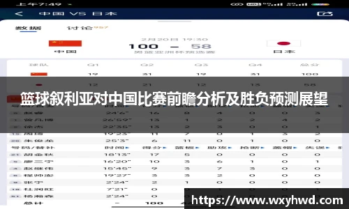 篮球叙利亚对中国比赛前瞻分析及胜负预测展望